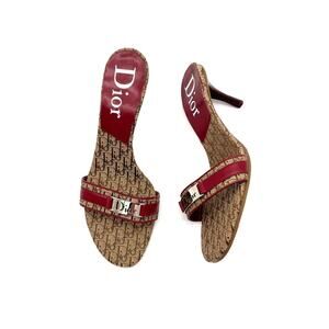 NIB Vintage Dior Diorissimo John Galliano Red Monogram Mule Heeled Sandals 40